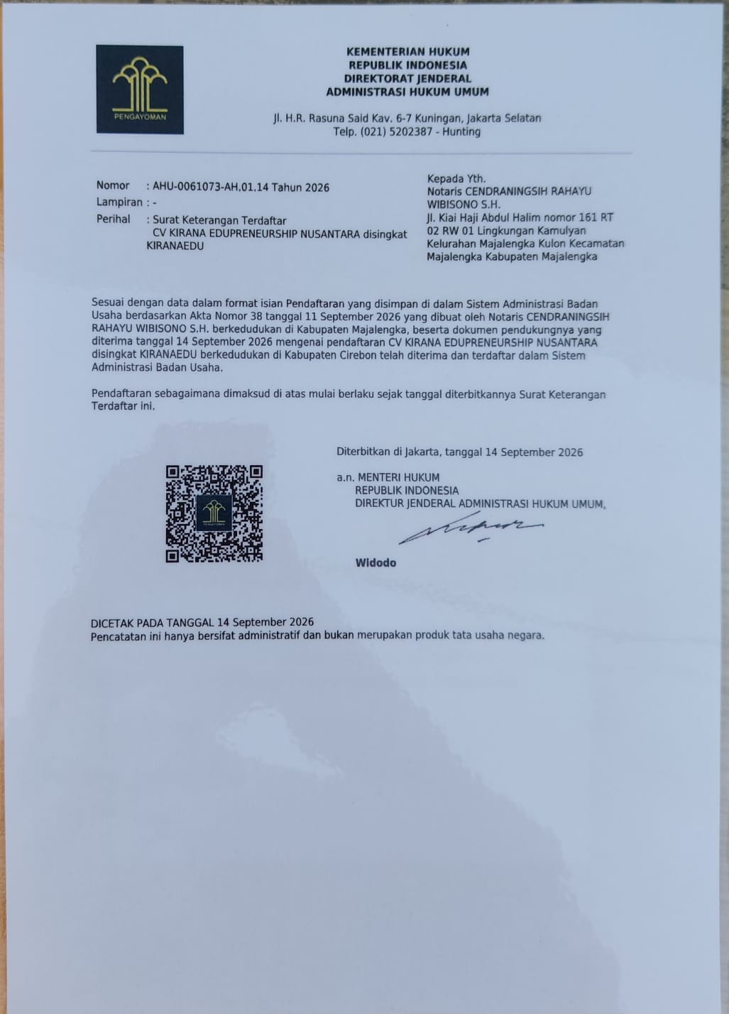 Dokumen legalitas CV Kirana Edupreneurship Nusantara